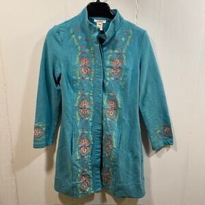 Sundance Floral Embroidered Sweatshirt Sweater Duster Jacket Teal Womens XSmall